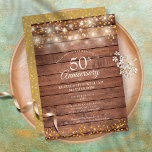 Invitation 50th Anniversary Golden Hearts String Lights Wood<br><div class="desc">Featuring pretty string lights and delicate golden love hearts on a rustic wood background. Personalize with your special fifty years golden wedding anniversary information in chic gold lettering. Designed by Thisisnotme©</div>