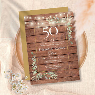 Invitation 50th Anniversary Greenery String Lights Wood
