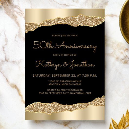 Invitation 50th Anniversary Party Black Gold Foil Glitter 