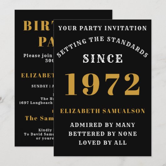 Invitation 50th Birthday 1972 Ajouter Votre Nom Black Gold (Devant / Derrière)