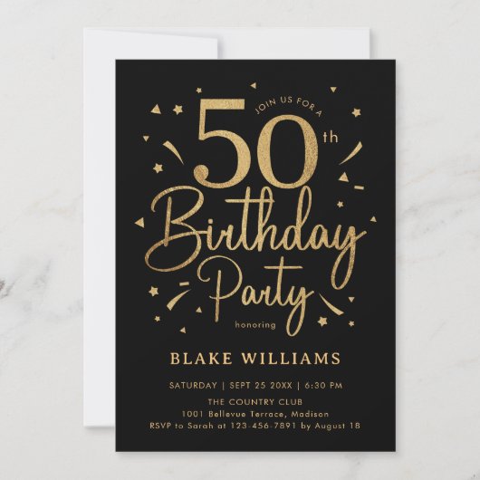 Invitation 50th Birthday Black Gold (Devant)