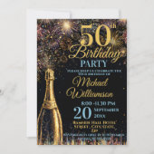 Invitation 50th Birthday Bubbly Fireworks Gold Blue (Devant)