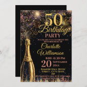 Invitation 50th Birthday Bubbly Fireworks Gold Pink (Devant / Derrière)