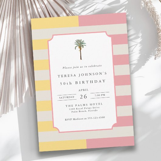 Invitation 50th Birthday Palm Beach Pastel Stripe Tropical