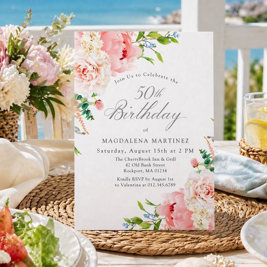 Invitation 50th Birthday Party Feminine Pink Roses Floral