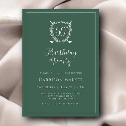 Invitation 50th Birthday Party Golf Crest Elegant Script Sage