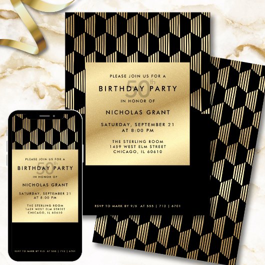 Invitation 50th Birthday Party Modern Black and Gold Foil