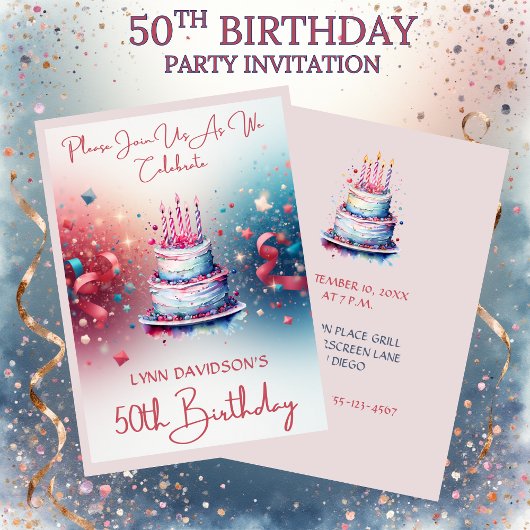 Invitation 50th Birthday Party Pink Watercolor