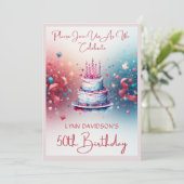 Invitation 50th Birthday Party Pink Watercolor (Debout devant)