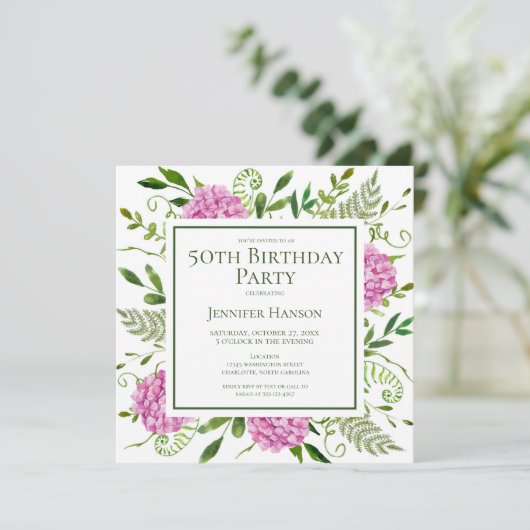 Invitation 50th Birthday Pink Hydrangeas Card Request (Debout devant)