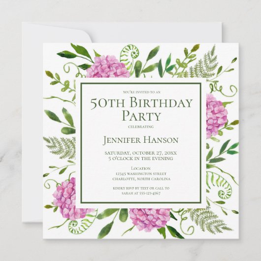 Invitation 50th Birthday Pink Hydrangeas Card Request  (Devant)