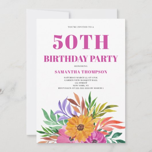 Invitation 50th Birthday Pink Tropical Floral  (Devant)