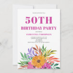 Invitation 50th Birthday Pink Tropical Floral<br><div class="desc">50th birthday pink tropical watercolor floral invitation. Easy to add your own text.</div>