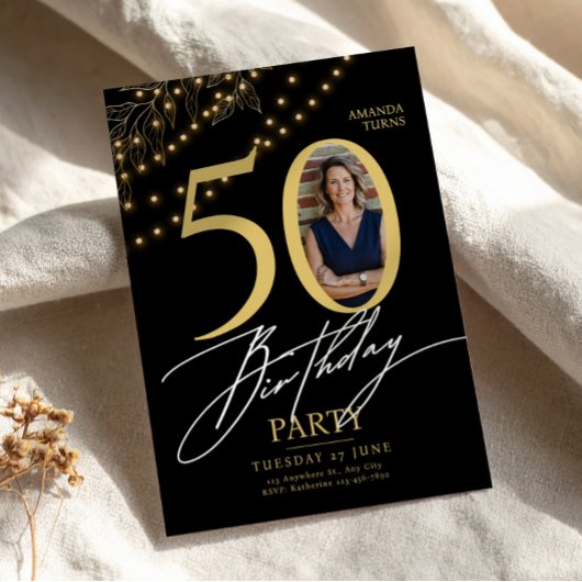 Invitation 50th Birthday with Photo Elegant Black & Gold