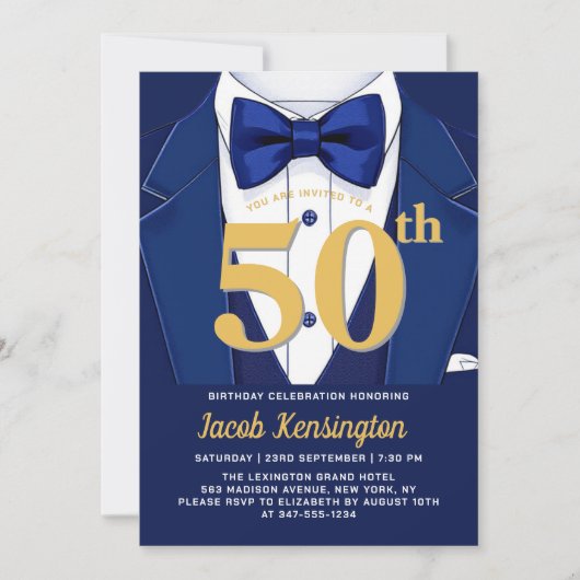 Invitation 50th Navy Blue and Gold Tuxedo Birthday Event (Devant)