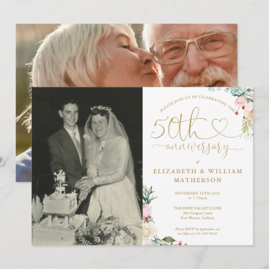 Invitation 50th Wedding Anniversary Gold Heart Floral 2 Photo (Devant / Derrière)