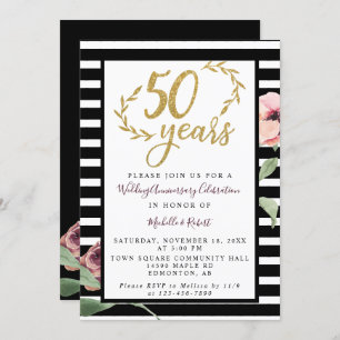 Invitation 50th Wedding Anniversary Red Rose Gold Glitter