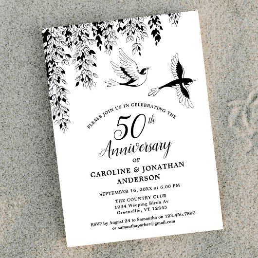 Invitation 50th Wedding Anniversary Silver Birch Flying Birds