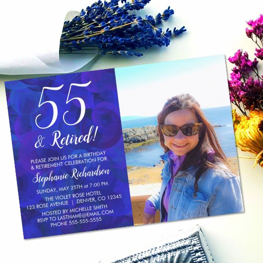 Invitation 55 ans et Photo de retraite bleue Anniversaire Ret