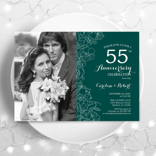 Invitation 55e anniversaire avec photo Emerald Green Floral