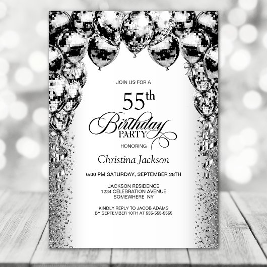 Invitation 55e anniversaire Black and White Balloons Party