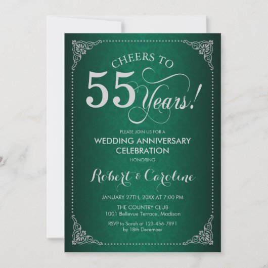 Invitation 55e anniversaire de mariage - Damassé vert argent (Devant)