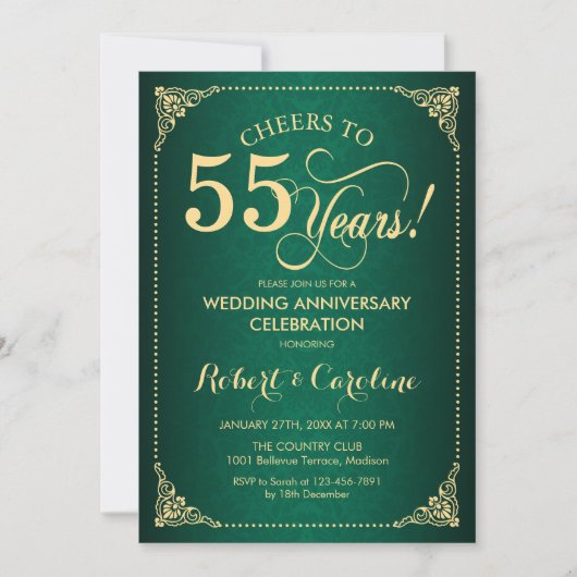 Invitation 55e anniversaire de mariage - Damassé vert or (Devant)