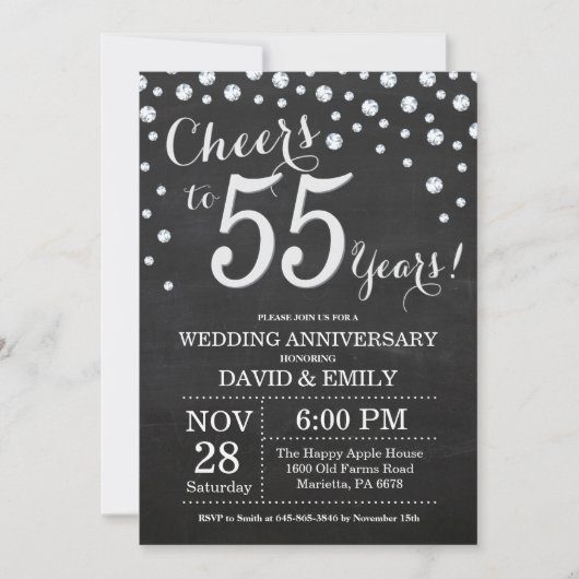Invitation 55e anniversaire de mariage tableau noir argent (Devant)