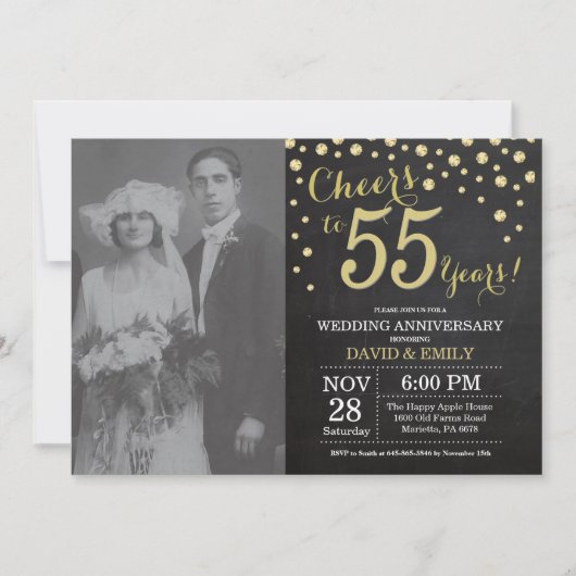 Invitation 55e anniversaire de mariage tableau noir et or (Devant)