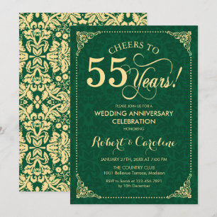 Invitation 55e Anniversaire de Mariage Vert Émeraude Or Damas