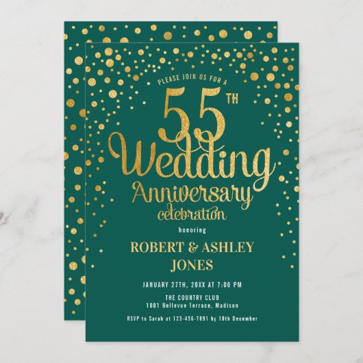 Invitation 55e anniversaire de mariage - Vert & Or (Devant / Derrière)