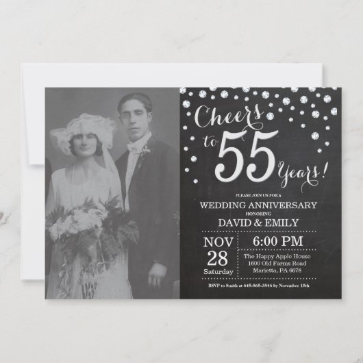 Invitation 55e anniversaire du Mariage Chalkboard Black Silve (Devant)