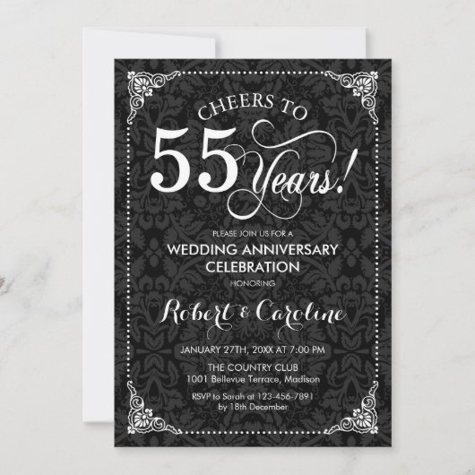 Invitation 55e anniversaire du Mariage - Damas noir blanc (Devant)