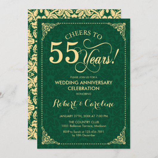 Invitation 55e anniversaire du Mariage Emerald Green Gold Dam (Devant / Derrière)