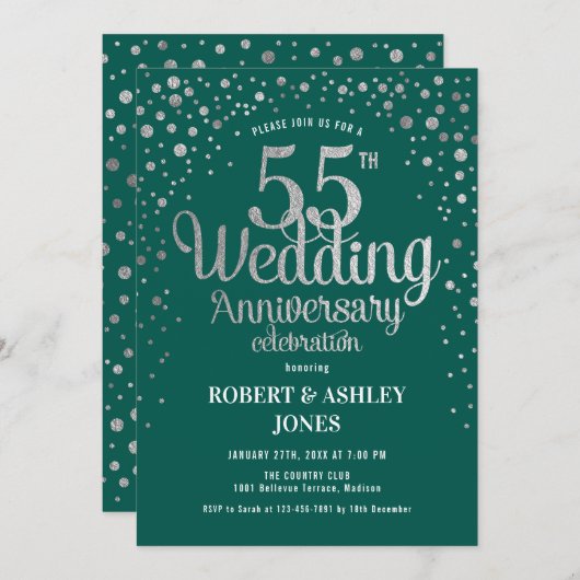 Invitation 55e anniversaire du Mariage - Vert & Argent (Devant / Derrière)