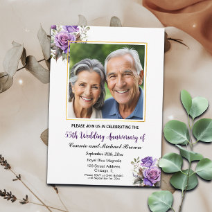 Invitation 55e anniversaire Mariage Gold Frame Roses violets