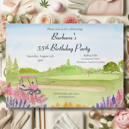 Invitation 55e anniversaire Party Pink Golf Cart Golf Course