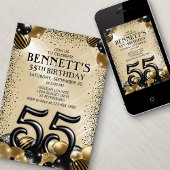 Invitation 55e Ballons Black Gold Anniversaire