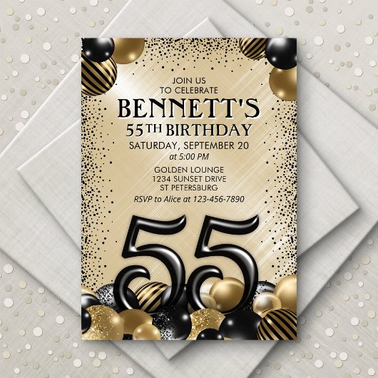 Invitation 55e Ballons Black Gold Anniversaire