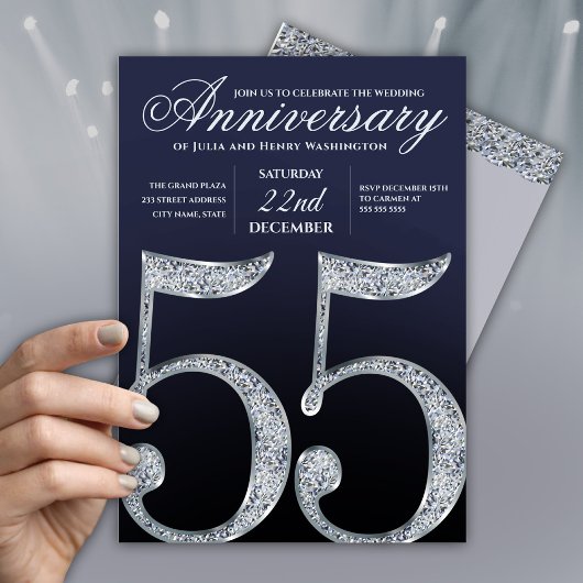 Invitation 55th Anniversary Diamond Silver Navy Blue Modern