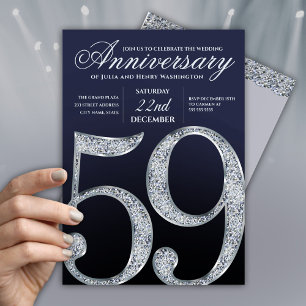 Invitation 59e Anniversaire Moderne Bleu Nuit Argent Diamant