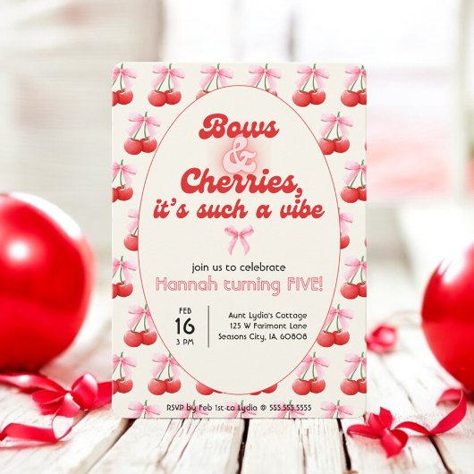 Invitation 5 Anniversaire Coquette Cerises Bows Bulles Lettre