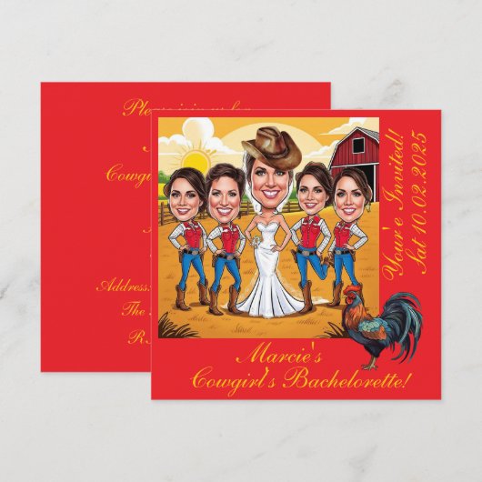 Invitation 5 caricatures rustiques de Cowgirl Bachelorette (Devant / Derrière)