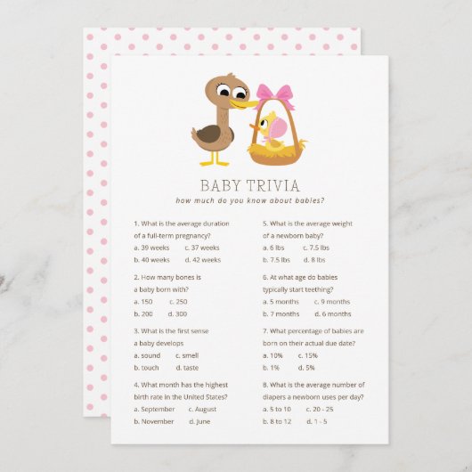 Invitation 5 Petits Canards Trivia bébé | Baby shower fille (Devant / Derrière)