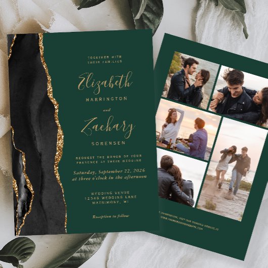 Invitation 5-Photo Agate Or Noir Vert Foncé Mariage