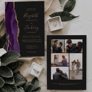 Invitation 5-Photo Agate Or Violet Mariage Sombre