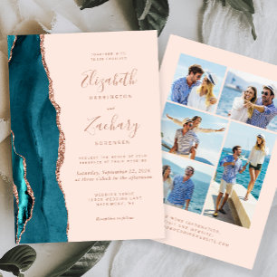 Invitation 5-Photo Bleu Canard Rose Doré Agate Rose Mariage