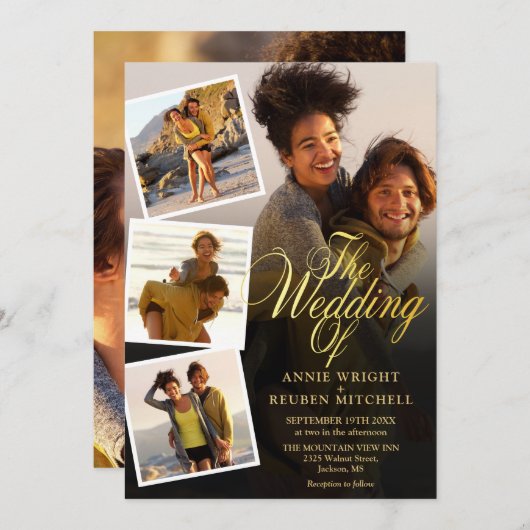 Invitation 5 Photo Collage Elegant Mariage de script or (Devant / Derrière)