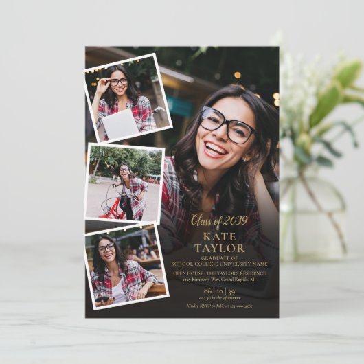 Invitation 5 Photo Collage Gold Graduation Party (Debout devant)