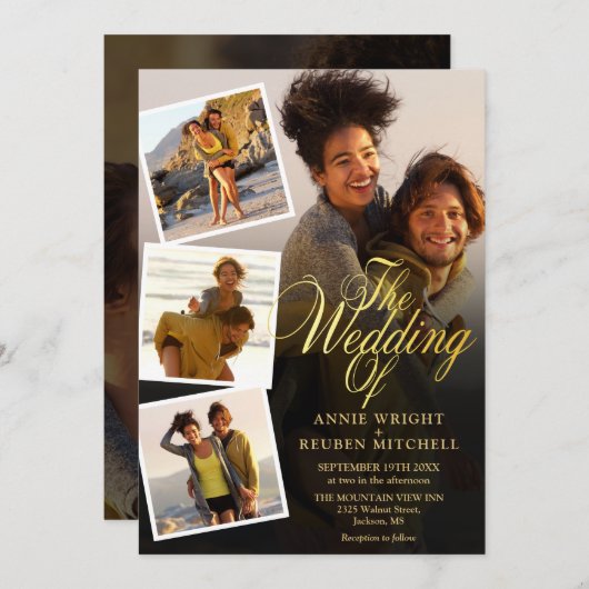 Invitation 5 Photo Collage Gold Script QR Code Mariage (Devant / Derrière)